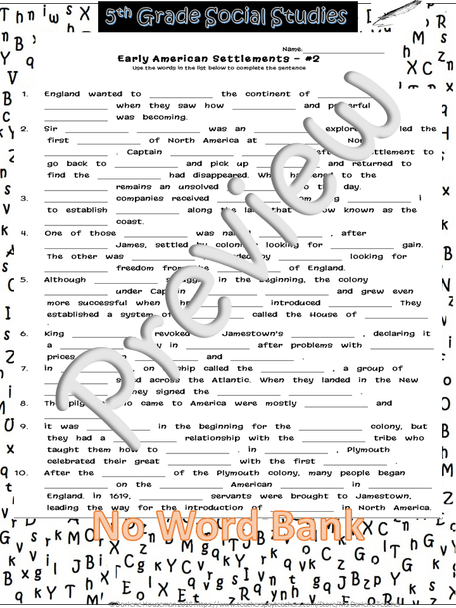 Early American Settlements Cloze/Fill In Blank #2~Social Studies Weekly~NO PREP