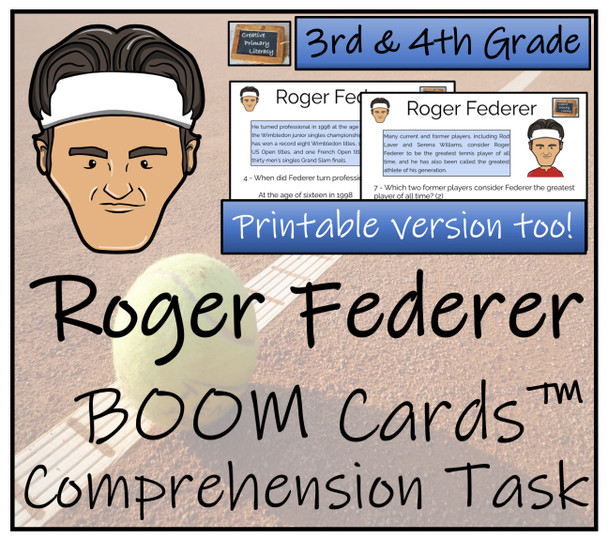 Roger Federer BOOM Cards™ Comprehension Activity 3rd Grade & 4th Grade