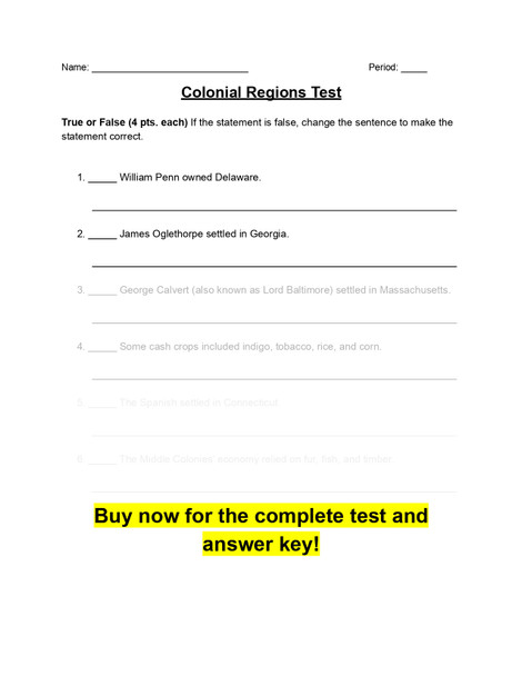 Colonial Regions Test (w/ Answer Key)