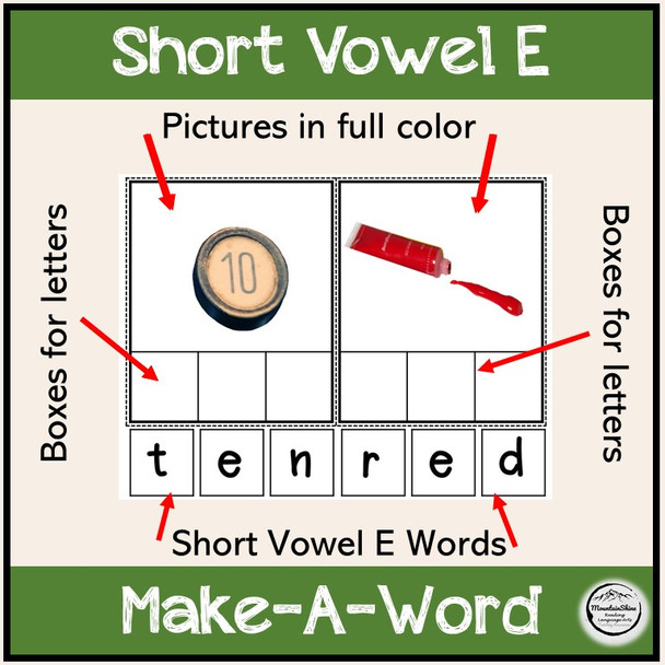 CVC Short Vowel E Bundle Make-A-Word, Puzzles, Worksheets & Flashcards
