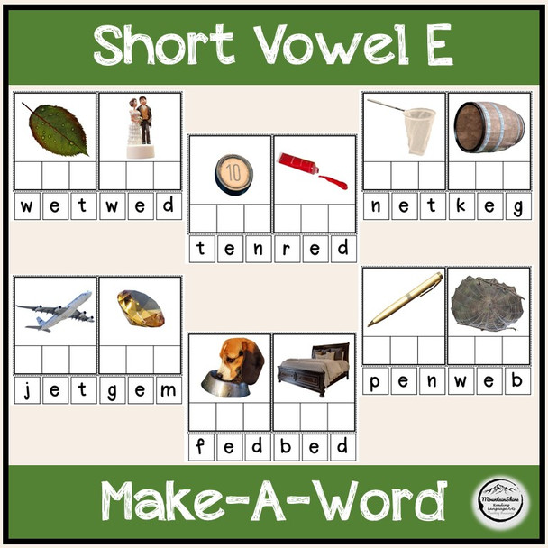 CVC Short Vowel E Bundle Make-A-Word, Puzzles, Worksheets & Flashcards