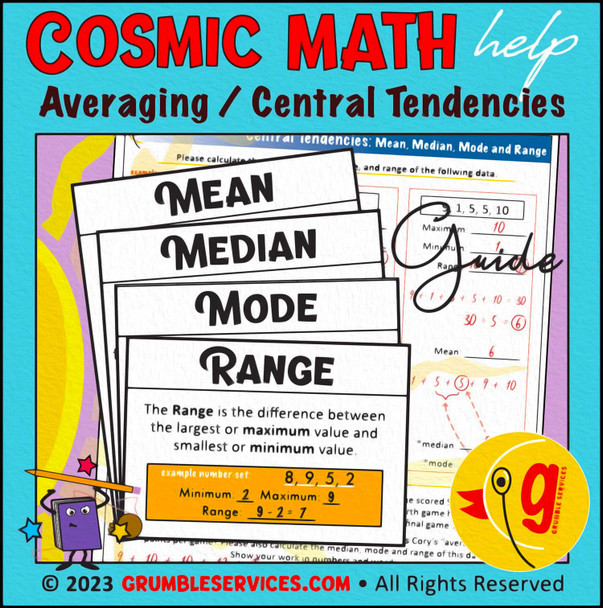 Averaging & Central Tendencies: Mean Median Mode Range pages & Word Problems -SEMiPRO Montessori-inspired Math Materials with GUIDE (+ keys)