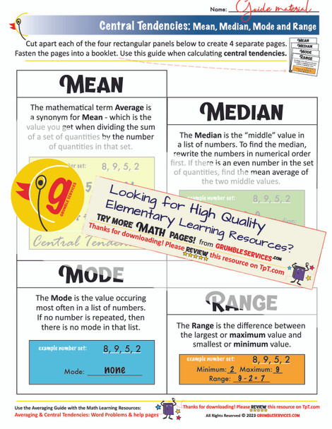 Averaging & Central Tendencies: Mean Median Mode Range pages & Word Problems -SEMiPRO Montessori-inspired Math Materials with GUIDE (+ keys)