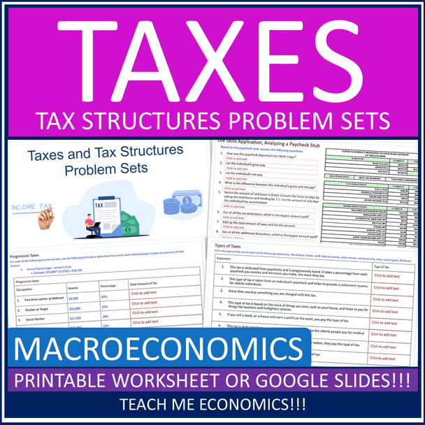 Taxes and Tax Structures Economics Government Worksheet Distance Learning