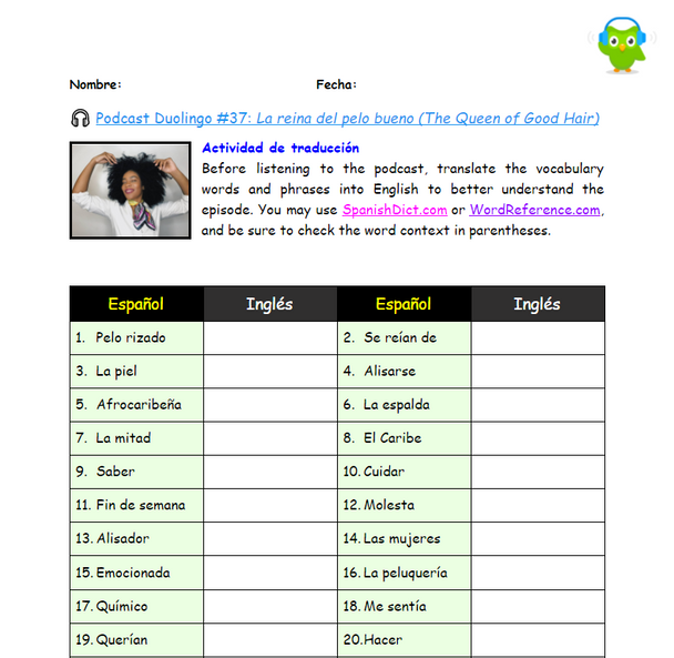 Listening Activity Guide | Duolingo Spanish Podcast #37: La reina del pelo bueno