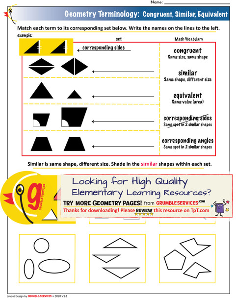 Congruent, Similar, Equivalent and Geometry Terminology - SEMiPRO Montessori-inspired printable Geometry help (2 pages + key & 15 sets of matching cards):