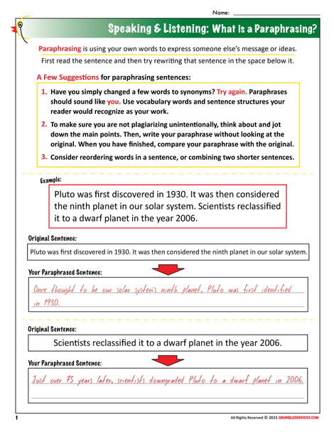 Paraphrasing and Summarizing: Rewording Sentences, Synonyms, Informative Writing BUNDLE - Montessori-inspired printable Language help (12 pages + key):