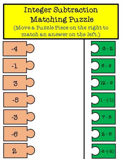 Integer Addition and Subtraction Matching Puzzle Pieces