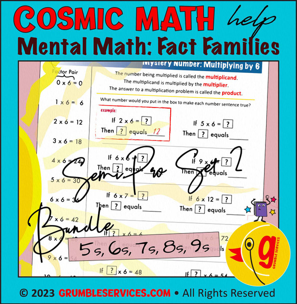 Multiplication Facts & Mystery Numbers SEMiPRO BUNDLE SET 2: 6s, 7s, 8s, 9s - Elementary Mental Math Pre-Algebra pages - Montessori-inspired Elementary Mental Math help (8 pages + key):