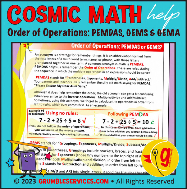 Order of Operations: PEMDAS, GEMS & GEMA - Pre-Algebra & Mental Math - VETERAN Montessori-inspired Math help (4 pages + Key)