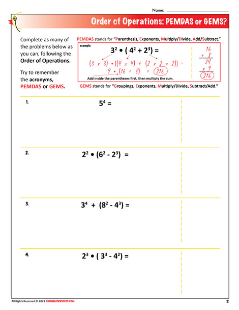 Order of Operations: PEMDAS, GEMS & GEMA - Pre-Algebra & Mental Math - VETERAN Montessori-inspired Math help (4 pages + Key)