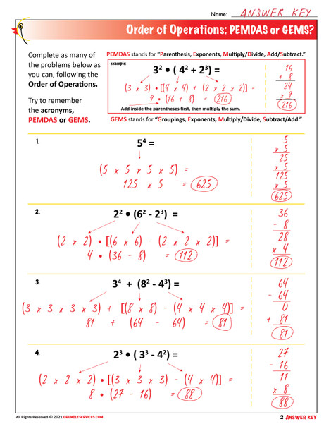 Order of Operations: PEMDAS, GEMS & GEMA - Pre-Algebra & Mental Math - VETERAN Montessori-inspired Math help (4 pages + Key)