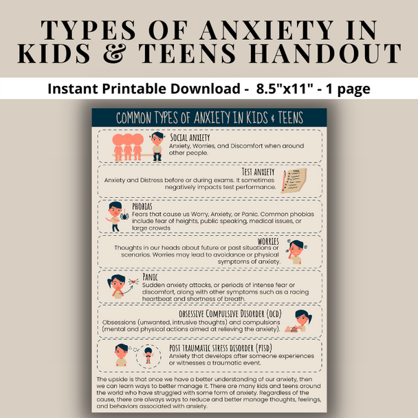 School Counseling Anxiety Resource - Types Of Anxiety In Kids & Teens Handout Social Emotional Learning