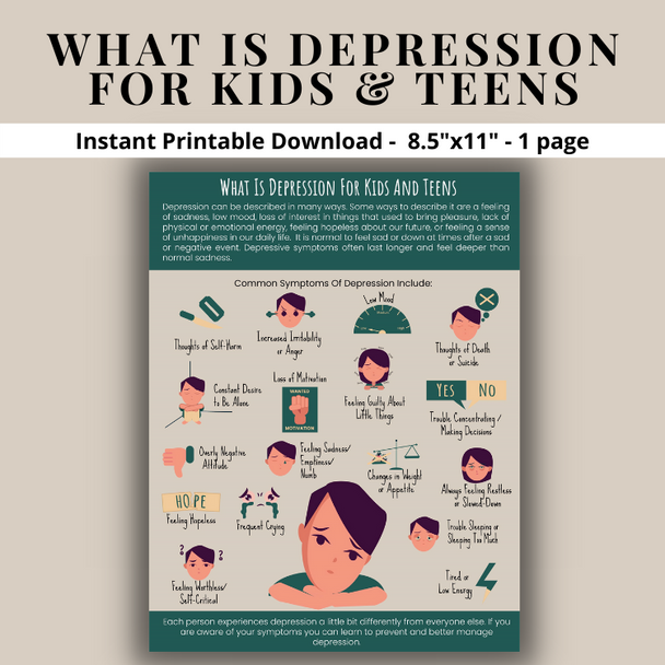 Depression Mental Health Education - What Is Depression In Kids & Teens Printable Poster Handout