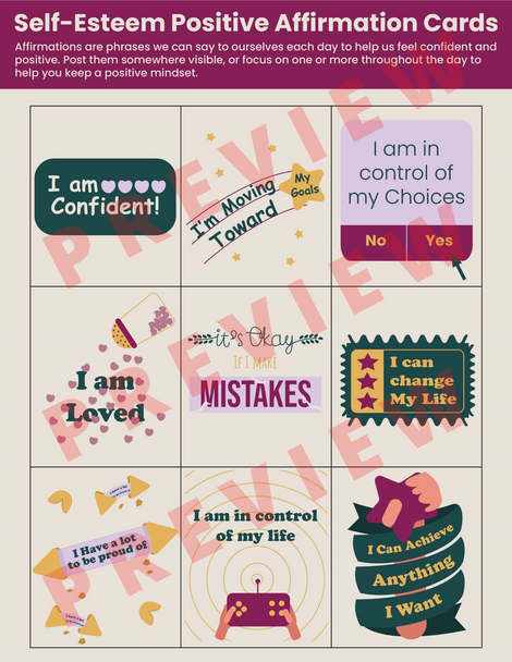 Self-Esteem Positive Affirmations Cards Printable - Positive Self Talk - Self-Confidence - 72 Card Set