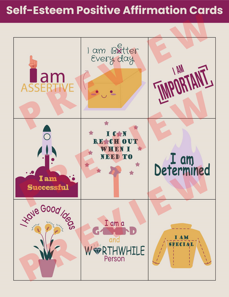 Self-Esteem Positive Affirmations Cards Printable - Positive Self Talk - Self-Confidence - 72 Card Set