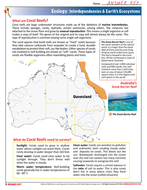 Ecology: Interdependencies of Earth's Ecosystems & Coral Reefs, Our Planet Earth • SEMiPRO Montessori Science help (4 printable pages + key)