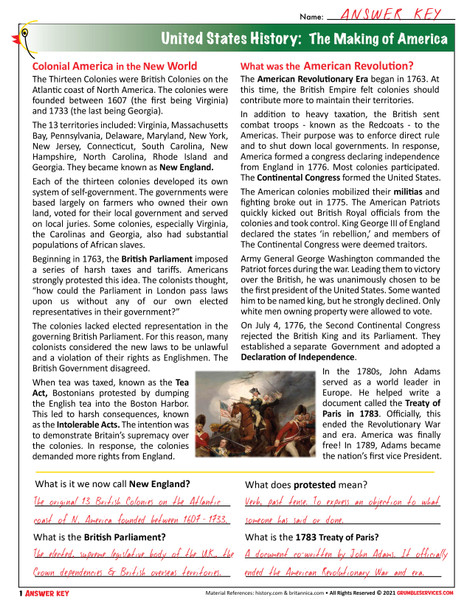 American Revolutionary War & The 13 British Colonies: Making of American History & US Geography - ROOKIE Montessori-inspired History & Geography help (4 pages + key)