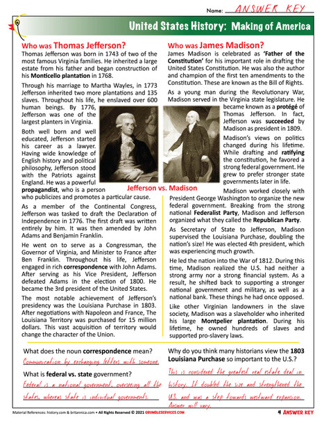 Making of America - President's Day: Washington, Adams, Madison, Jefferson, Lincoln - ROOKIE Elementary Montessori History & Geography help (4 pages + key)