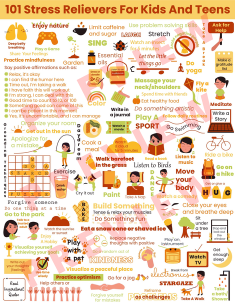 101 STRESS RELIEVERS For Kids & Teens-Stress Management Coping Skills Poster SEL