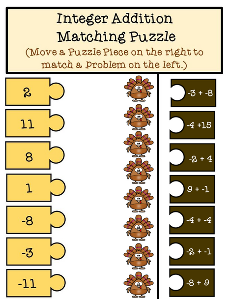 Thanksgiving Integer Addition and Subtraction Puzzle Pieces