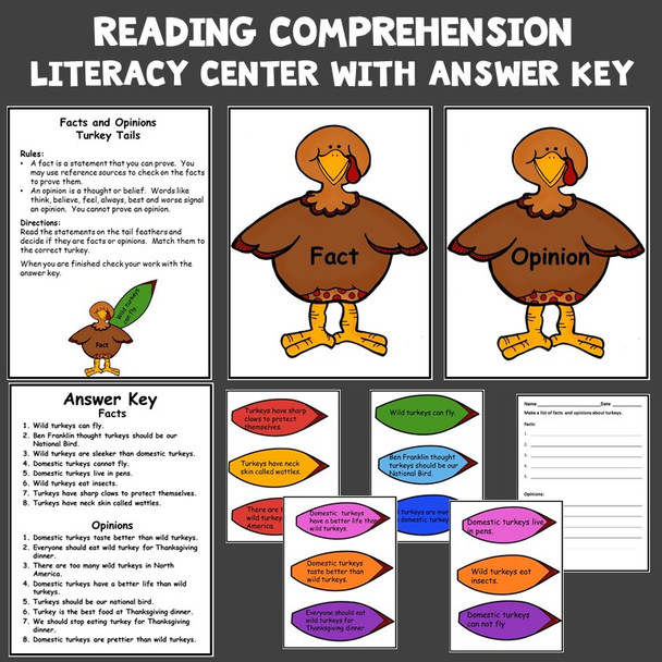 Reading Comprehension Worksheets and Literacy Center Turkey Theme