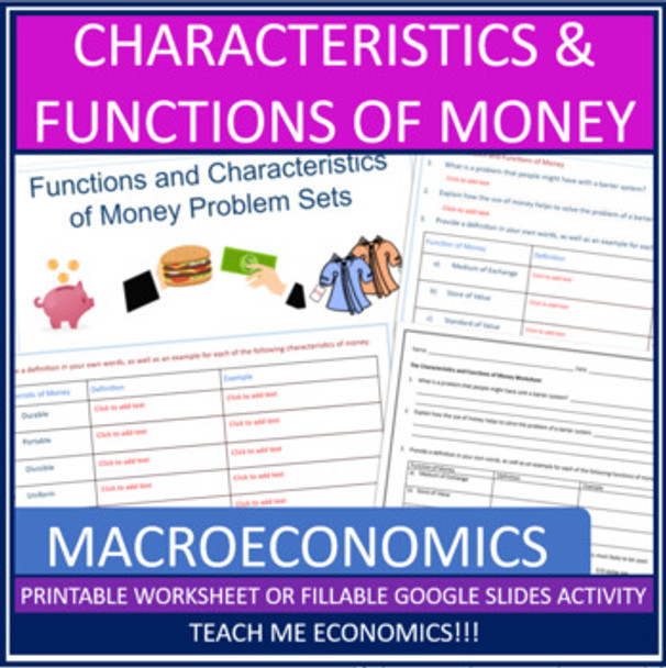 Functions & Characteristics of Money Economics Worksheet Printable or Google Slides Activity