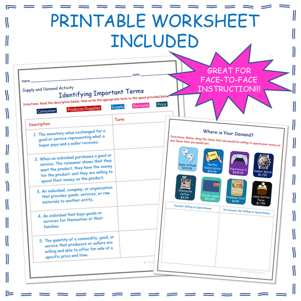 Supply and Demand Drag and Drop Google Slides Activity for Economics + Printable