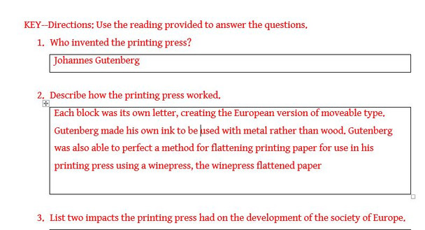 Reformation: The Printing Press Reading with Questions