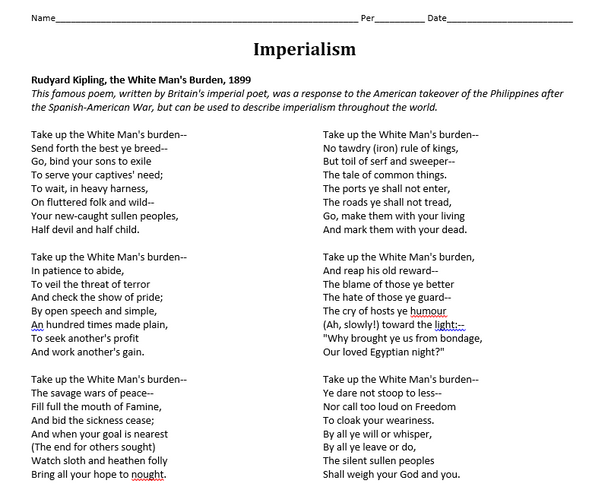 Imperialism: White Man's Burden Poem Worksheet