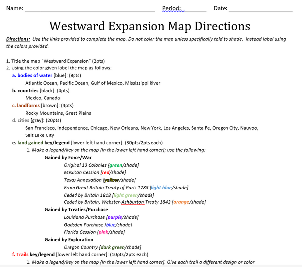 Westward Expansion Mapping Activity