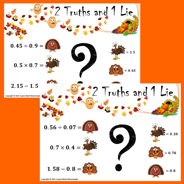 FREE Thanksgiving Math 2 Truths & a Lie Decimals Turkeys Error Analysis EDITABLE