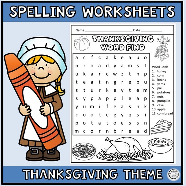 Thanksgiving Spelling Word Cards & Worksheets - Print & Go