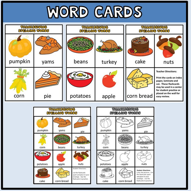 Thanksgiving Spelling Word Cards & Worksheets - Print & Go