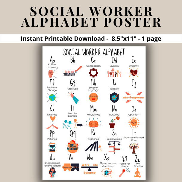 School Social Worker Alphabet Printable Poster - A to Z Social Work ABC Alphabet