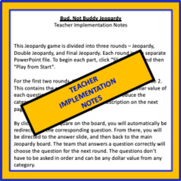 Bud, Not Buddy - Jeopardy Bud, Not Buddy - Jeopardy