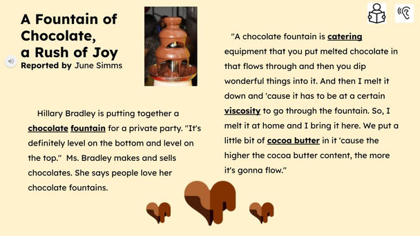 Fountain of Chocolate Informational Text Reading Passage and Activities