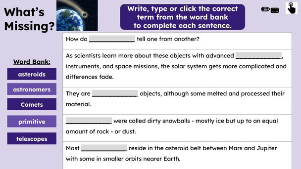 Asteroids and Comets Informational Text Reading Passage and Activities