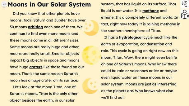 Moons in Our Solar System Informational Text Reading Passage and Activities