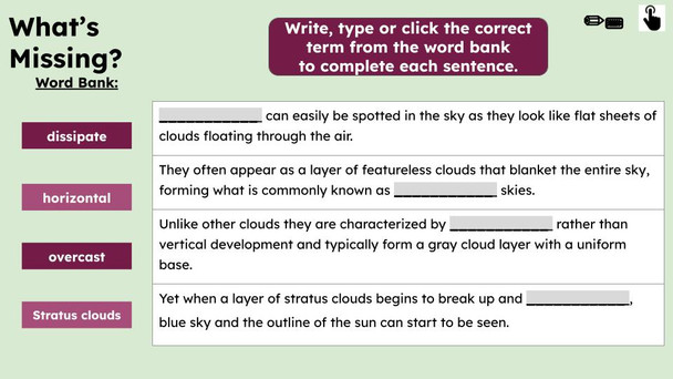 Stratus Clouds Informational Text Reading Passage and Activities