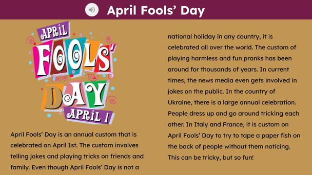 April Fools Day Informational Text Reading Passage and Activities