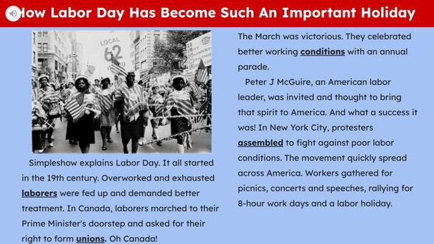 Labor Day  Informational Text Reading Passage and Activities