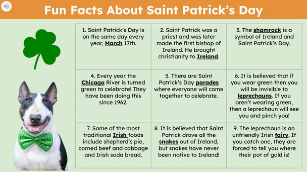 Saint Patrick's Day Informational Text Reading Passage and Activities