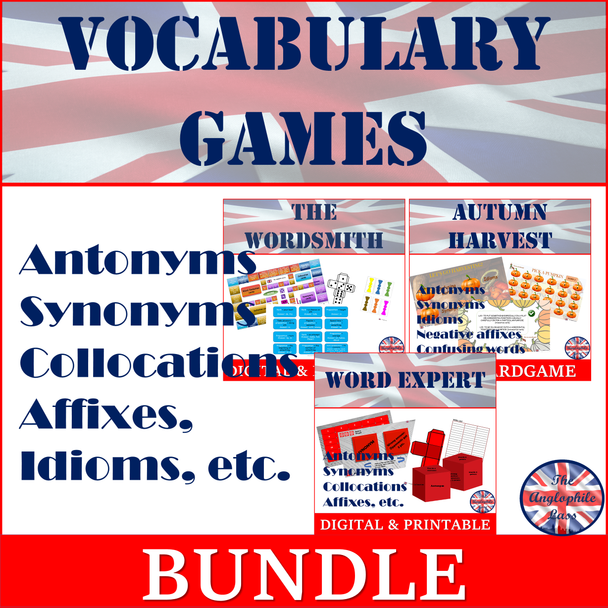 Synonyms and antonyms | Suffixes | Powerpoint and printable games BUNDLE