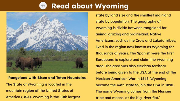 Wyoming (50 States and Capitals) Informational Text and Activities