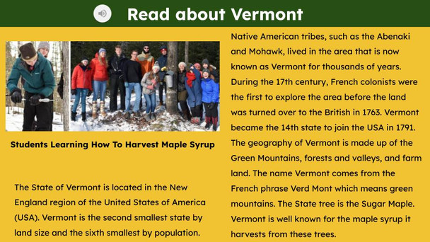 Vermont (50 States and Capitals) Informational Text and Activities