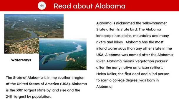 Alabama State (50 States and Capitals) Informational Text and Activities