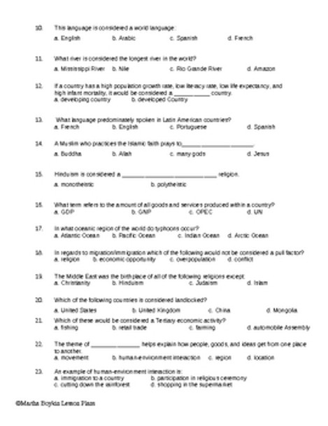 Geography Pre-assessment/Post-assessment For Beginning of Year