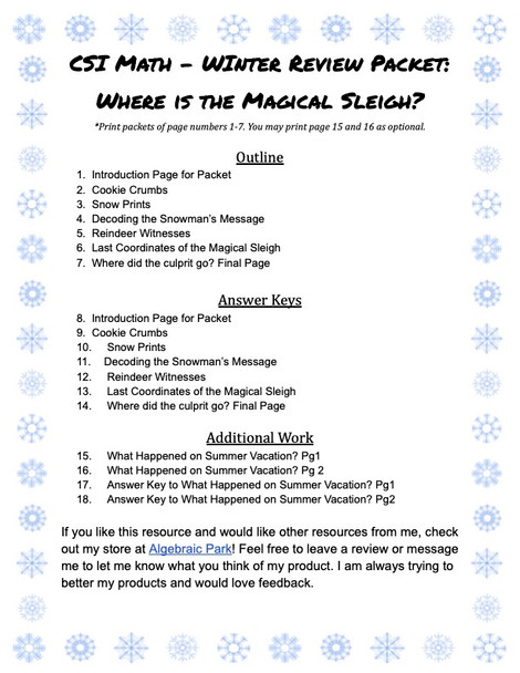 CSI Math - Winter Review Packet: Where is the Magical Sleigh? No Prep!