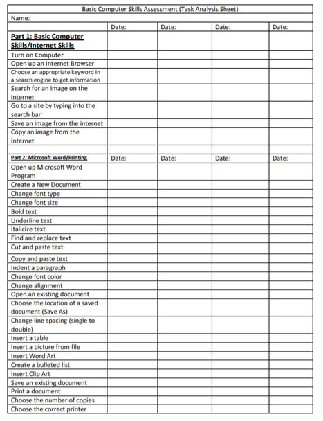 Basic Computer Skills SGO Assessment - Task Analysis Checklist